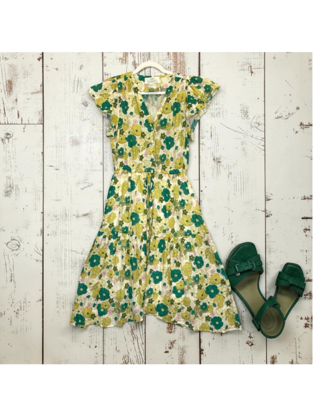 Trovata Birds of Paradis Floral Midi Dress XS Green Yellow Boho